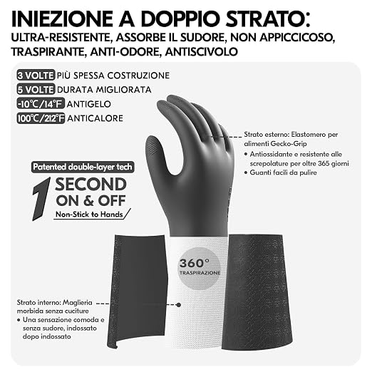 Guanti Lavoro Lunghi con Fodera, no-Allergia senza Lattice per Pulizia Alimentari Domestici Anticalore&Antifreddo da Cucina Bagno Casalinghi Lavapiatti in TPE