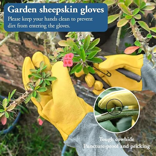 Guanti da Giardinaggio in Pelle Bovina a Prova di Spine per Rose Lunghi con Protezione Avambraccio Regolabili e Traspiranti per Agricoltori e Appassionati del Giardinaggio