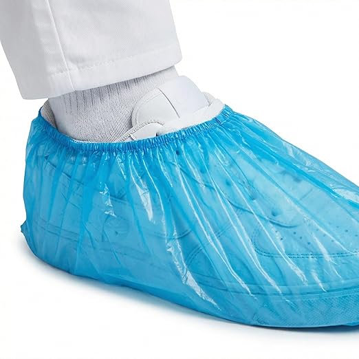 KMINA Copriscarpe Monouso (100 Unità, 41 x 15,5 cm), Calzari Monouso Usa e Getta in Polietilene PE, Bordo Elastico, Blu